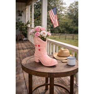 New Ceramic Western Cowboy Cowgirl Boot W/ Red Stars Vase Planter Room Decor
